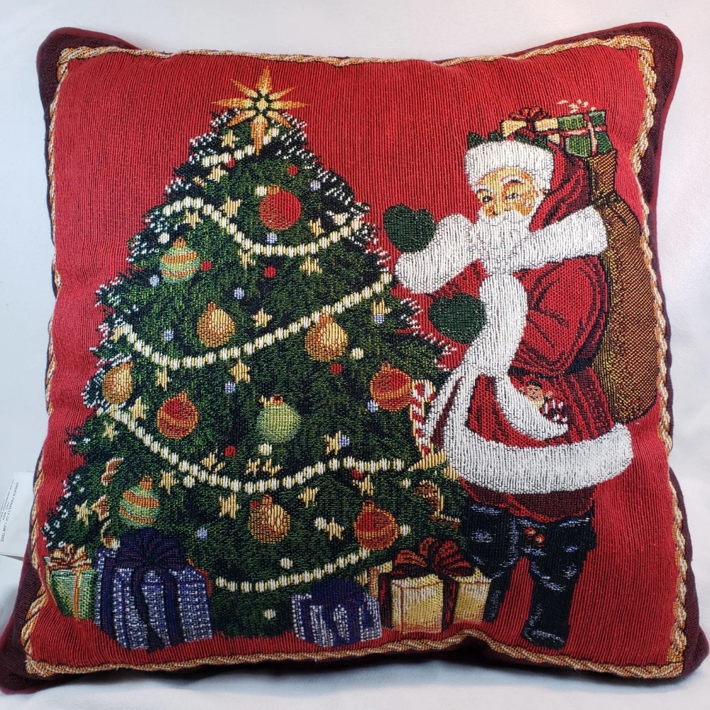 Christmas Tapestry Decorative Pillow Featuring Santa and Tree 17x17